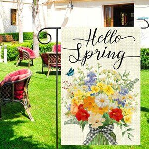Spring Floral Garden Flag 12x18 Double Sided Burlap Hello Spring Yard Flag